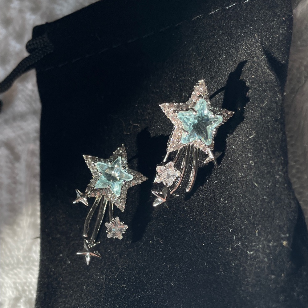 Zirconia Star Silver Starburst Earrings Crystal blue topaz